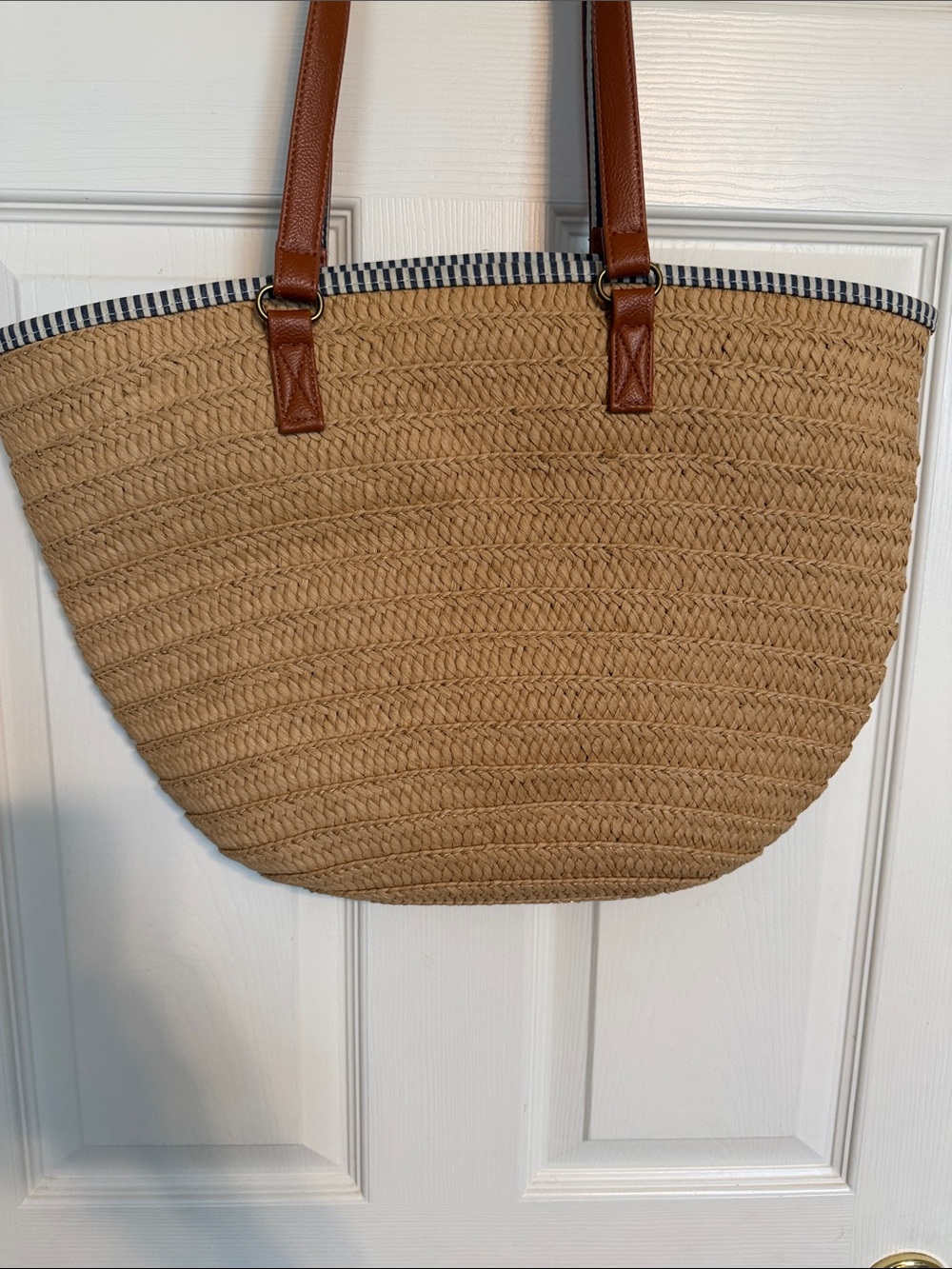 Woven Straw Tote Bag with Brown Leather Handles - Picture 4 of 5